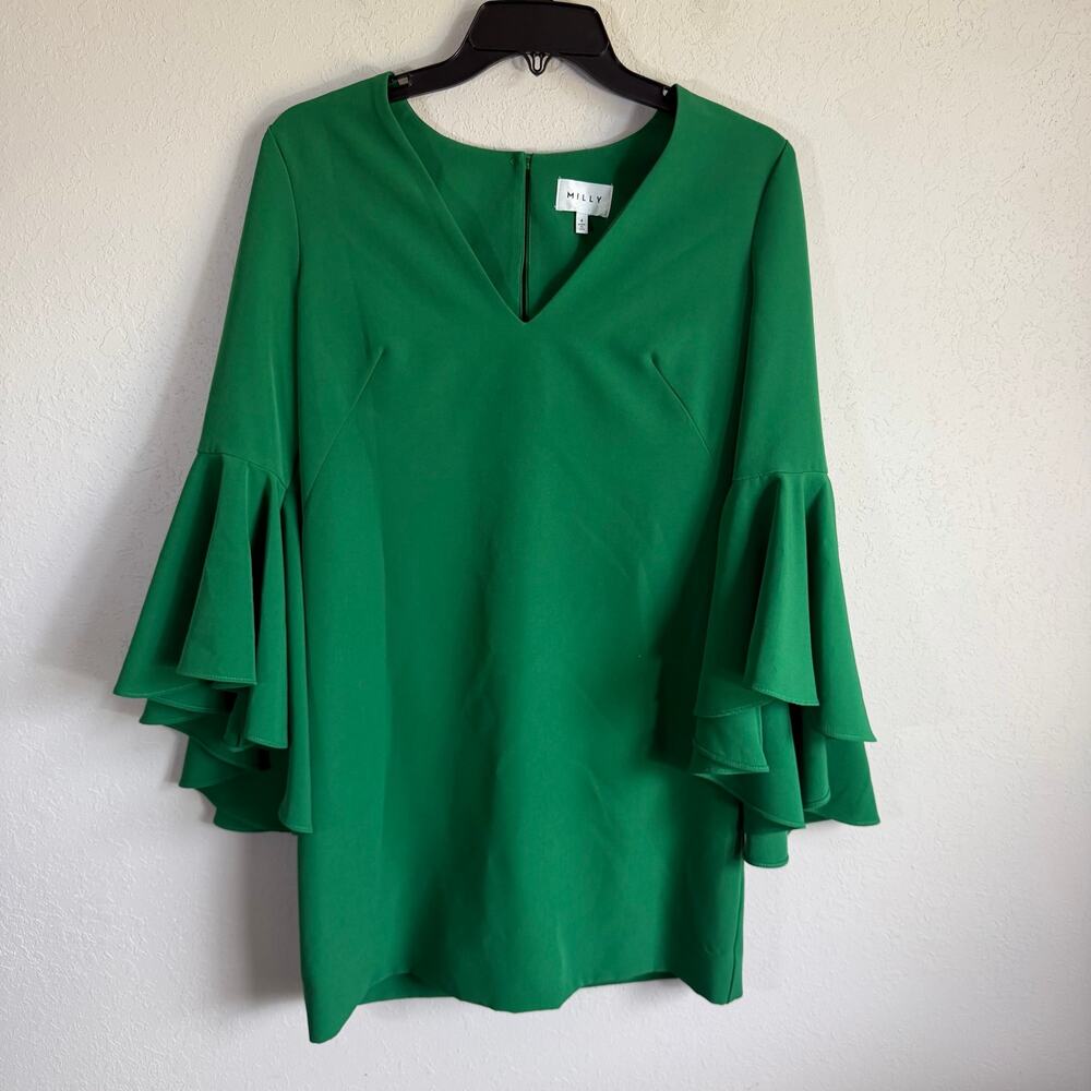Milly Vibrant Emerald Green V-Neck Dramatic Tier Bell Sleeve Shift Dress Women 4